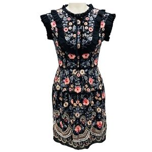 NEEDLE & THREAD BLACK MULTI FLORAL EMBROIDERED MINI WHISPER PROM DRESS